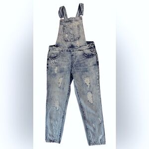 Forever 21 Woman’s overall, size medium, distressed light jeans material